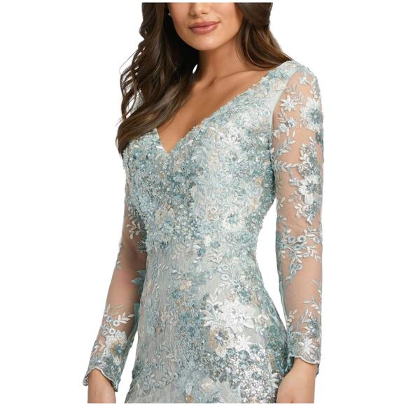 Mac Duggal NWT Embellished V-Neck Illusion Long Sleeve Gown Seamist Size 6 Blue - Picture 2 of 12